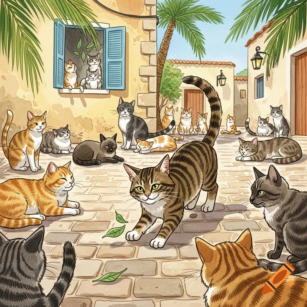 An illustration of many diverse cats lounging and playing on a sunny stone street in a charming old town with buildings and palm trees.