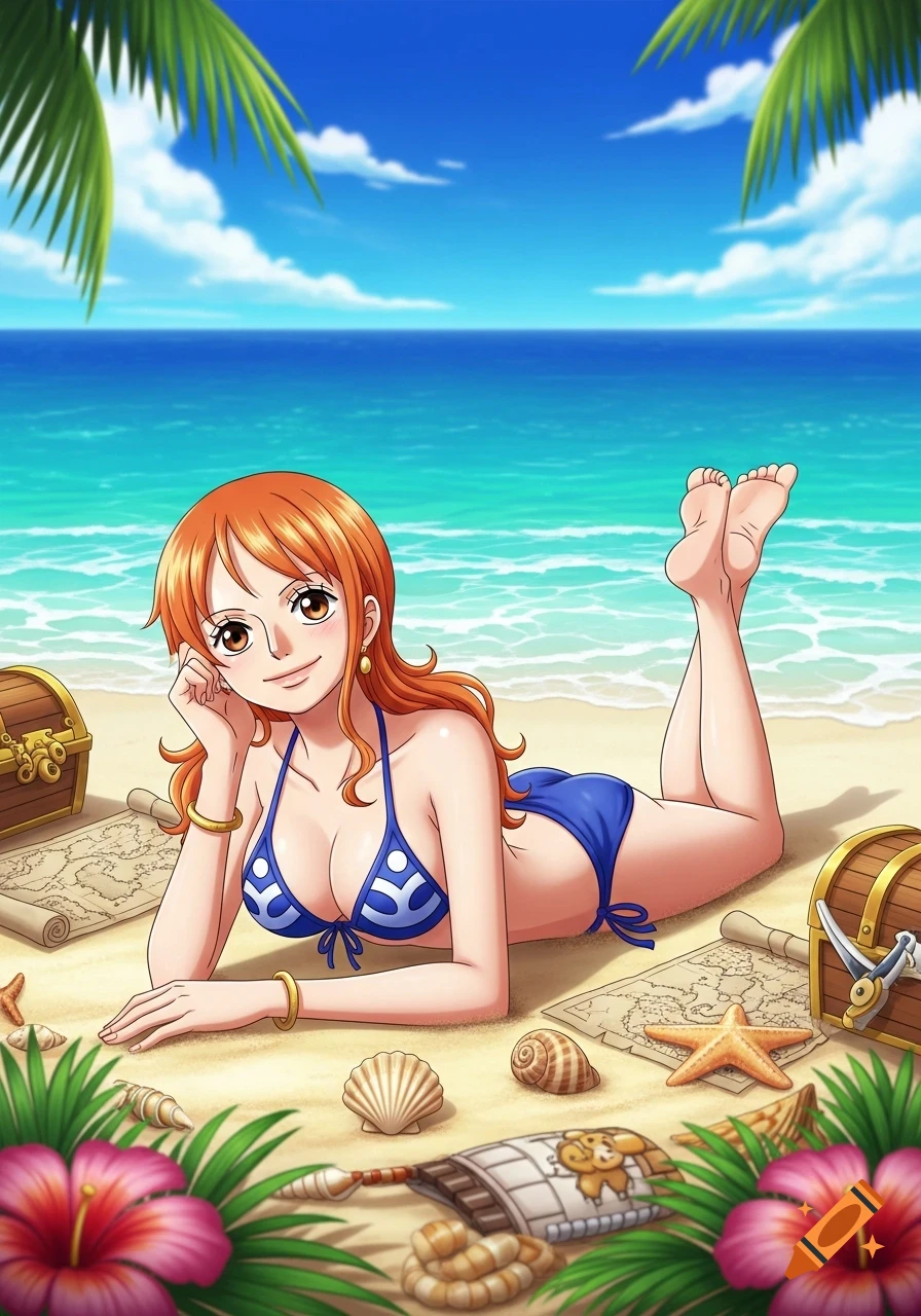 Anime character Nami from One Piece in a blue bikini lying on a sunny beach with palm leaves, seashells, and treasure chests.