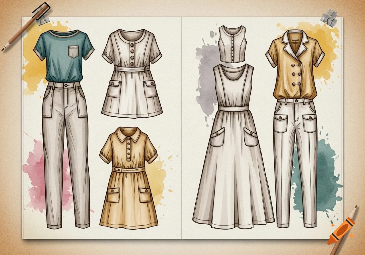 Hand-drawn vintage casual fashion garment sketches on paper with watercolor splatters, featuring shirts, dresses, and pants.
