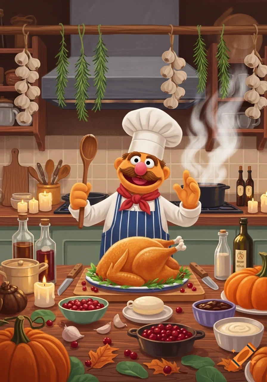 The Muppets Swedish Chef in a rustic kitchen, presenting a roasted Thanksgiving turkey surrounded by festive food.