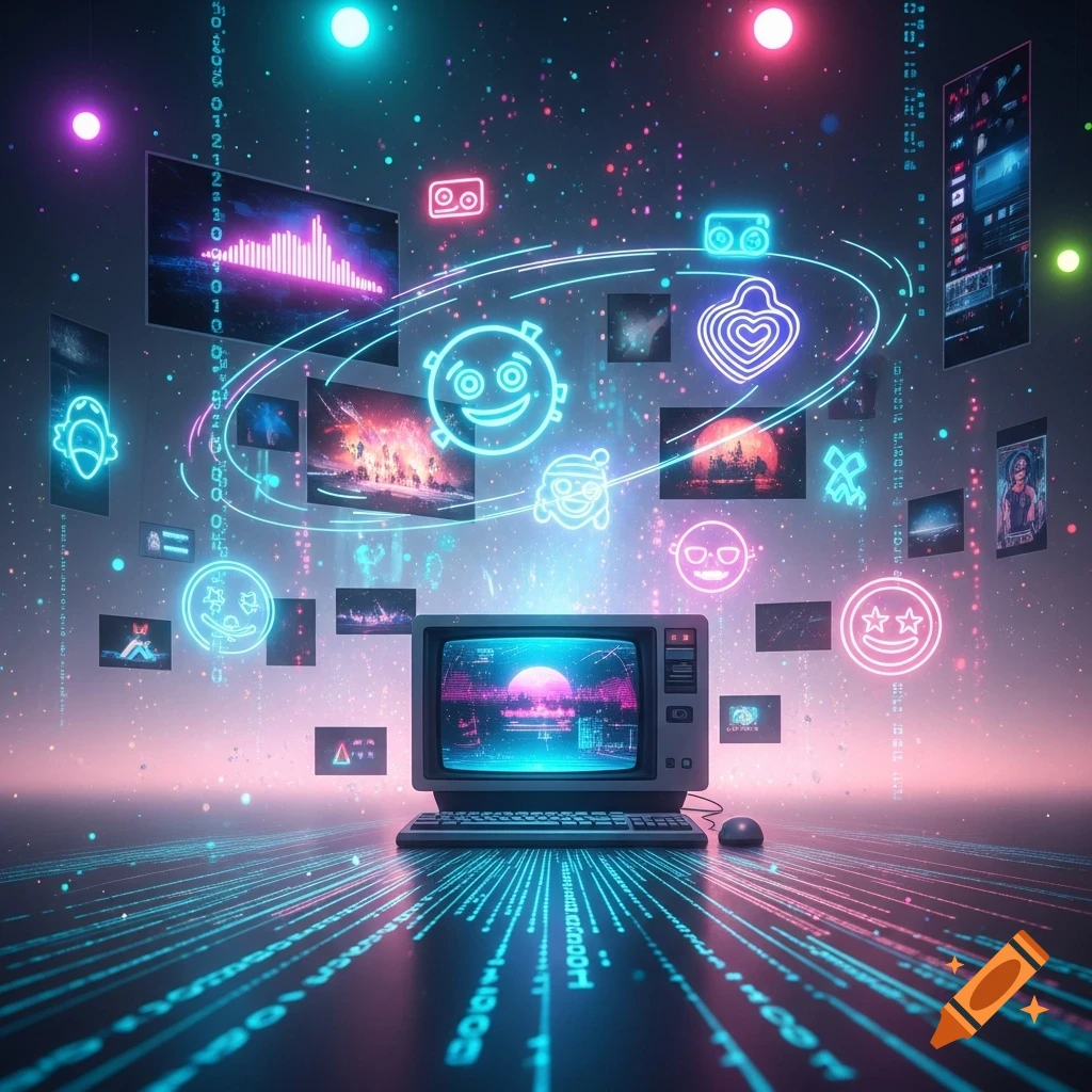 A retro computer with a glowing neon screen on a data stream floor, surrounded by floating screens and glowing digital icons in a vibrant, futuristic cyberspace.