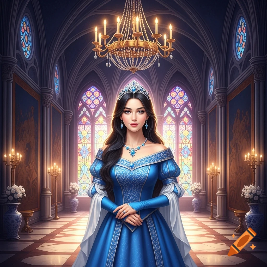 A beautiful princess with long dark hair, wearing a blue ornate gown and a tiara, stands in a grand gothic hall with stained glass windows.