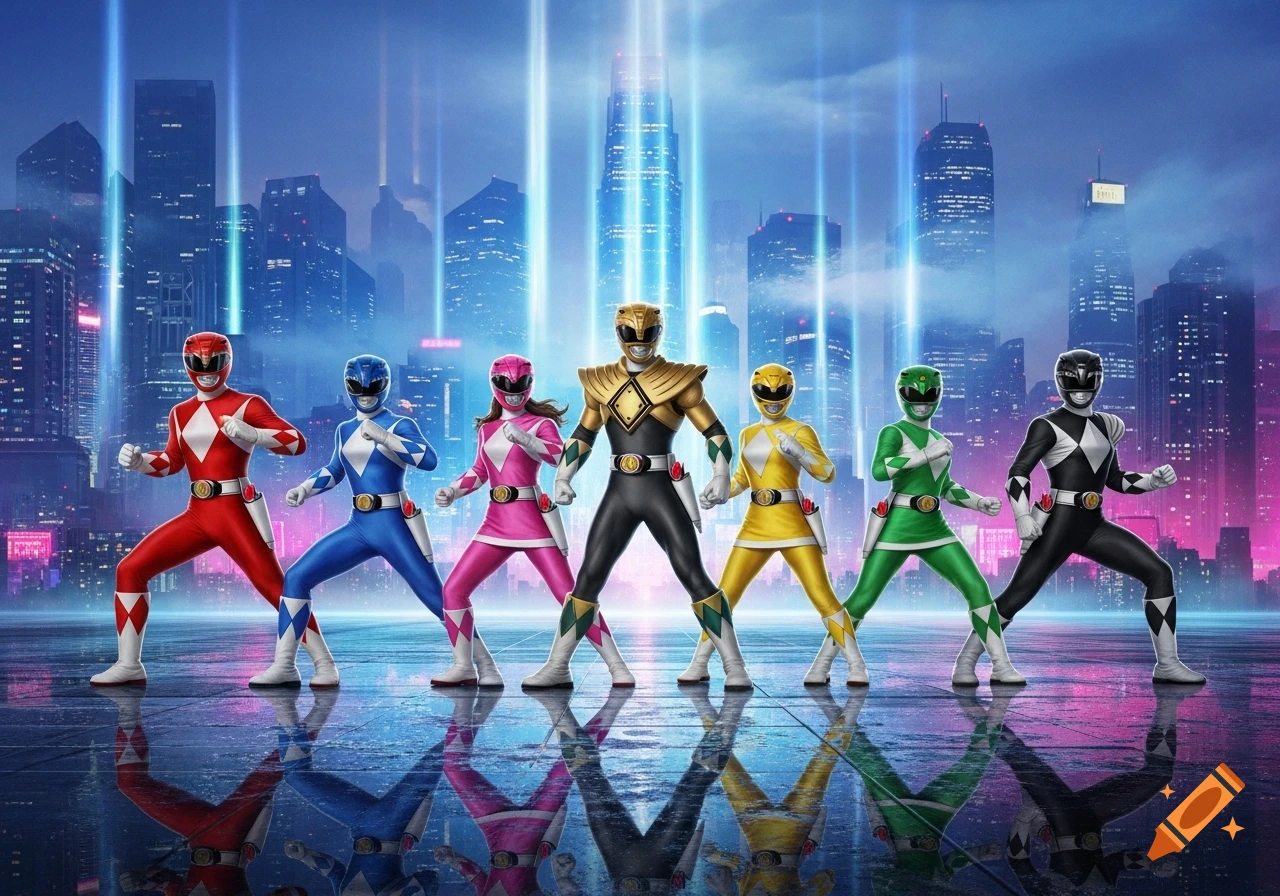 Six Power Rangers in dynamic poses stand on a reflective surface against a futuristic city skyline glowing with neon lights.