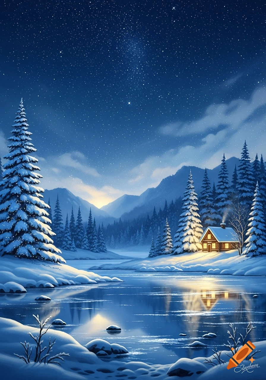 A serene winter landscape at night, with a cozy, lit cabin beside a reflective frozen lake, surrounded by snow-covered pine trees under a starry sky.