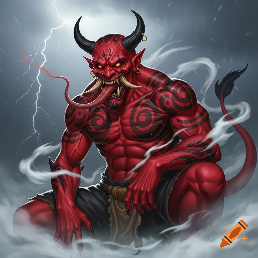 A fearsome red Oni demon with black horns, fangs, and a long tongue, crouching amidst smoke and lightning.