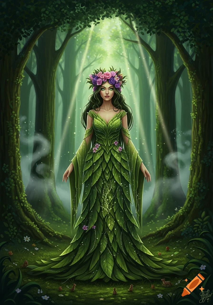 A fantasy woman with green hair and a flower crown wears a leaf dress in an enchanted forest with light rays.