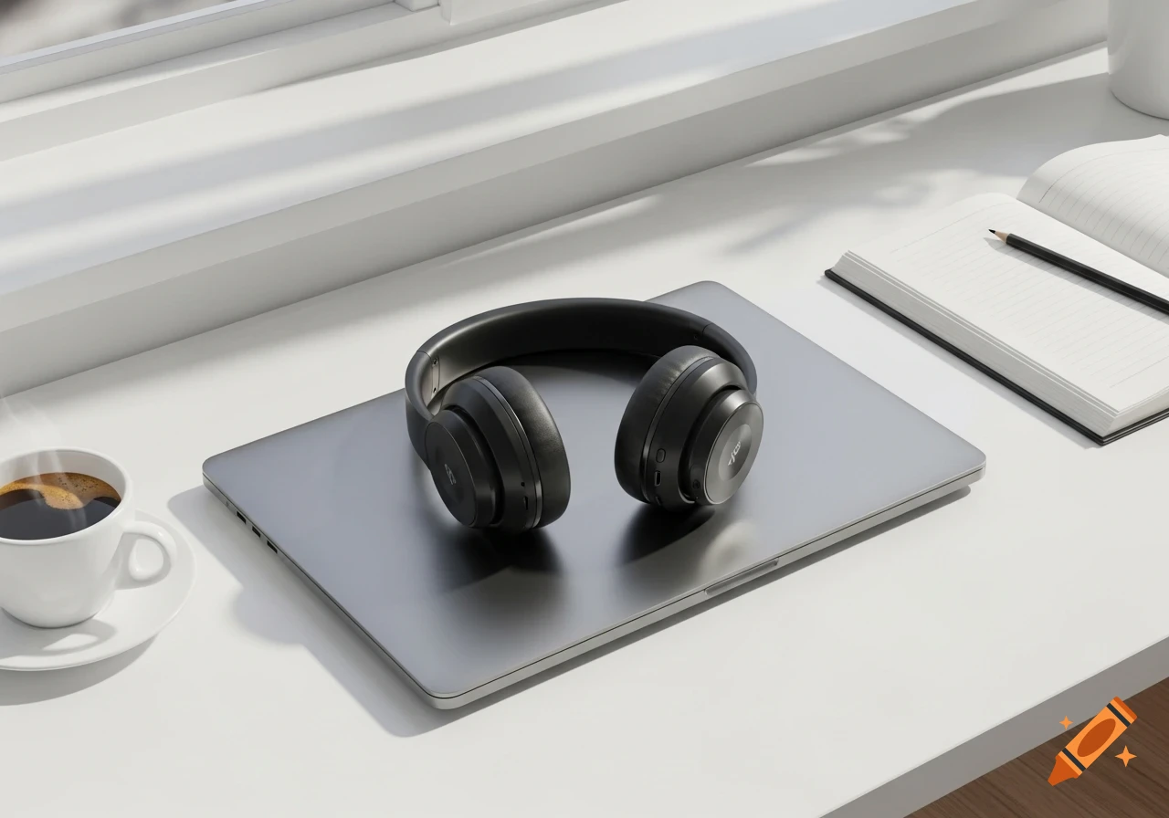 Black wireless headphones on a closed laptop, with a steaming coffee cup, open notebook, and pencil on a white minimalist desk by a window.