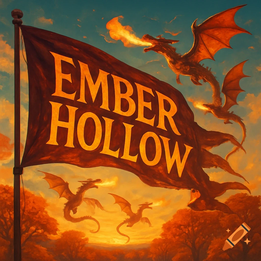 A red flag with "EMBER HOLLOW" in gold text waves against an orange sky, surrounded by four fire-breathing dragons and autumn trees.