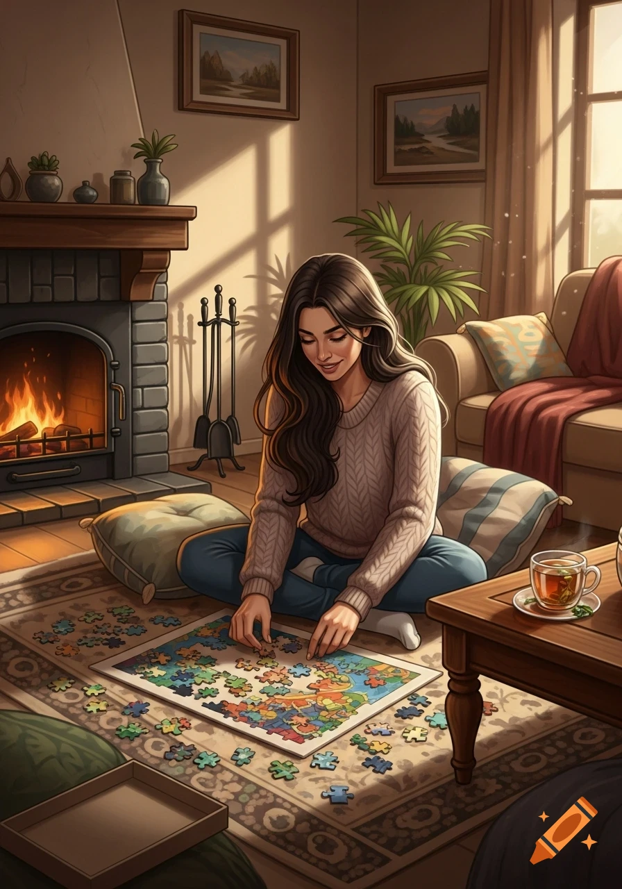 A happy woman with long dark hair works on a colorful floor puzzle in a cozy, sunlit living room with a fireplace, digital art.
