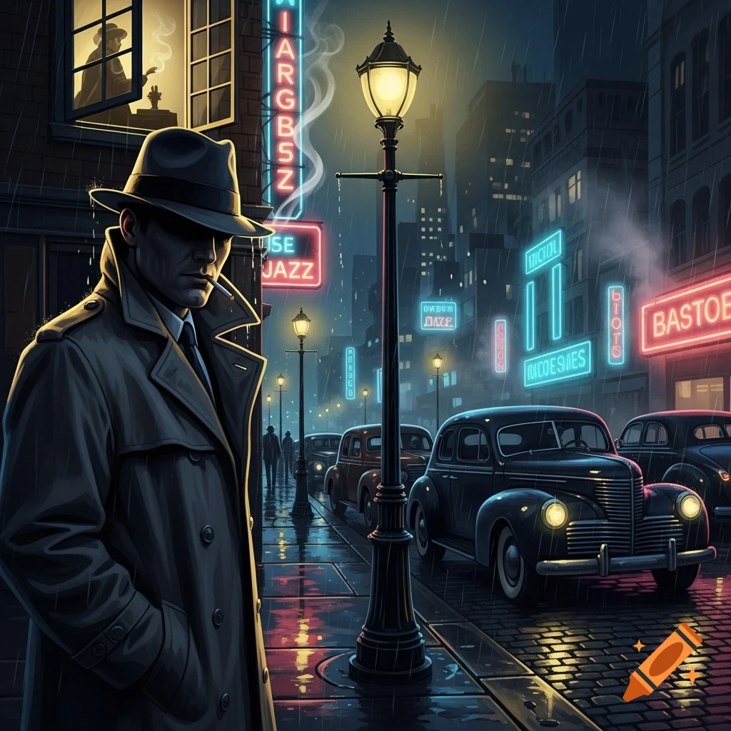 A man in a trench coat and fedora smokes on a rainy, neon-lit city street at night, in a noir art style.
