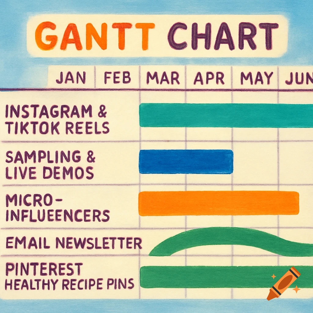 A colorful Gantt chart displays marketing activities like Instagram & TikTok reels, sampling, micro-influencers, email, and Pinterest over a six-month period, rendered in a textured, crayon-like style.
