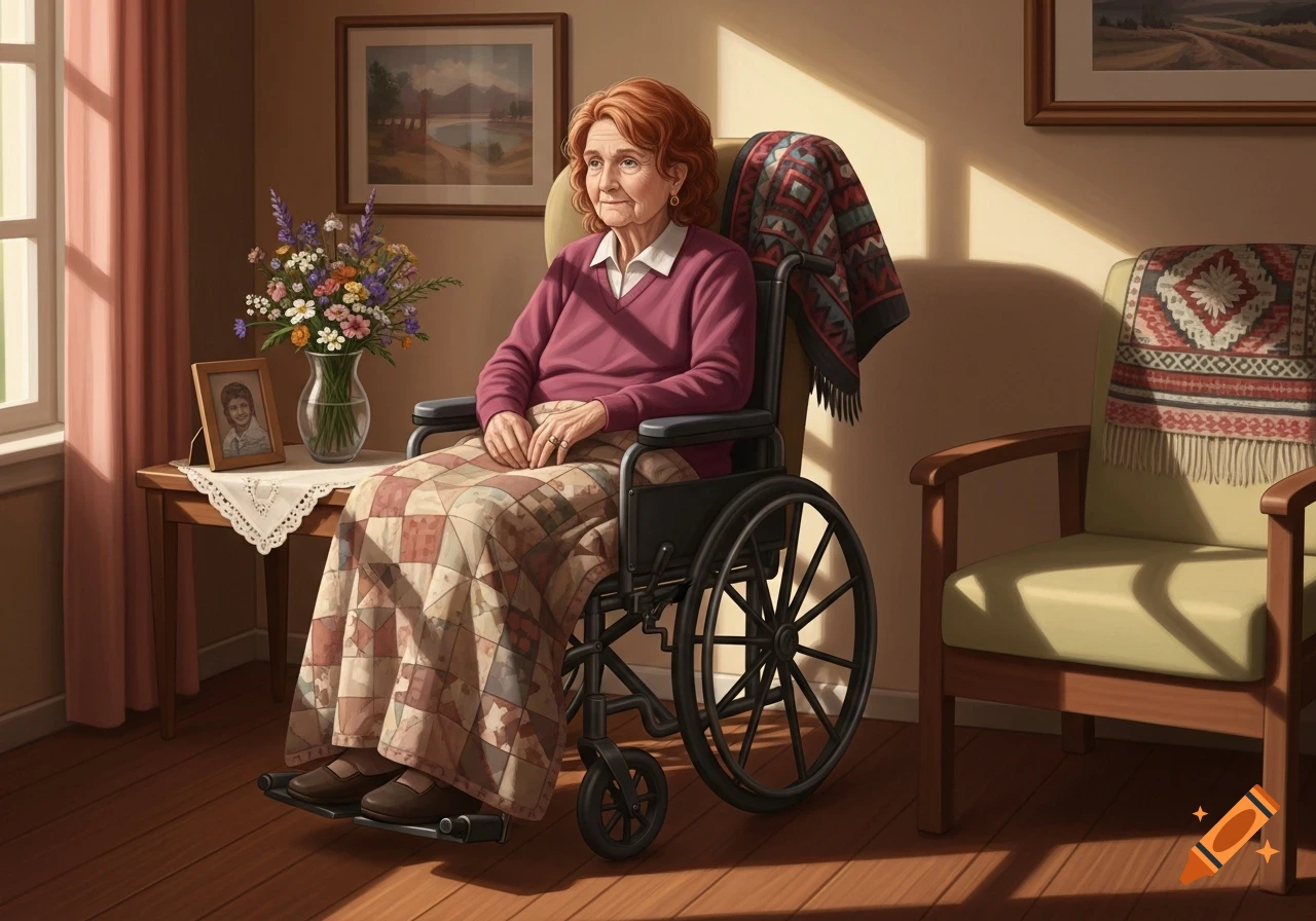 Elderly red-haired woman sitting in a wheelchair, covered by a patterned quilt in a sunlit room with flowers and a framed photo.