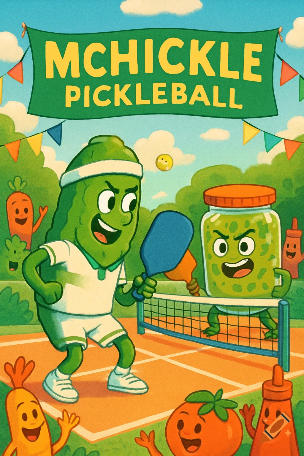 Vibrant cartoon illustration of a pickle and a jar of pickles playing pickleball on a court with a 'MCHICKLE PICKLEBALL' banner and cheering vegetables.