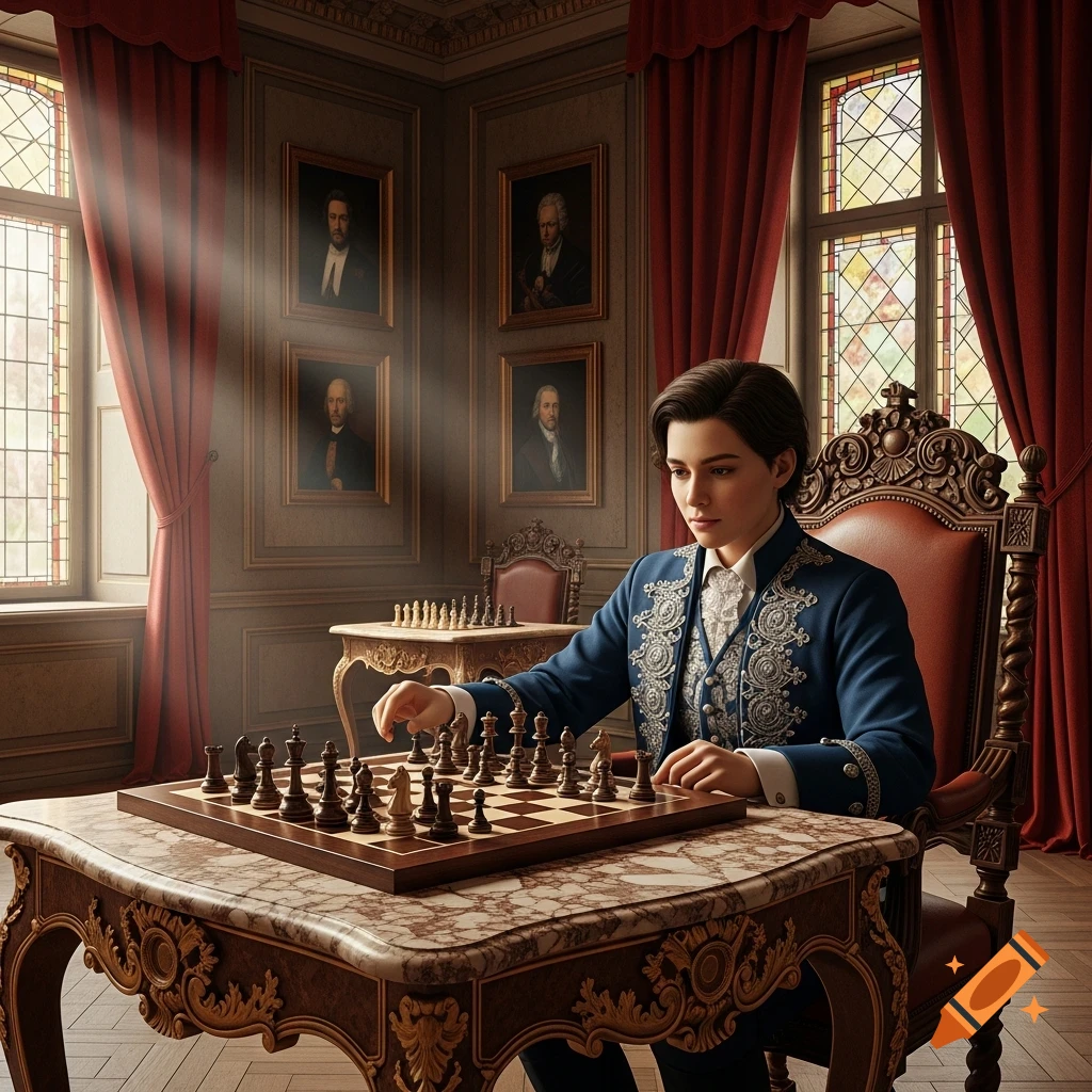 A person in historical attire plays chess at an ornate table in a grand room with red curtains and portraits.