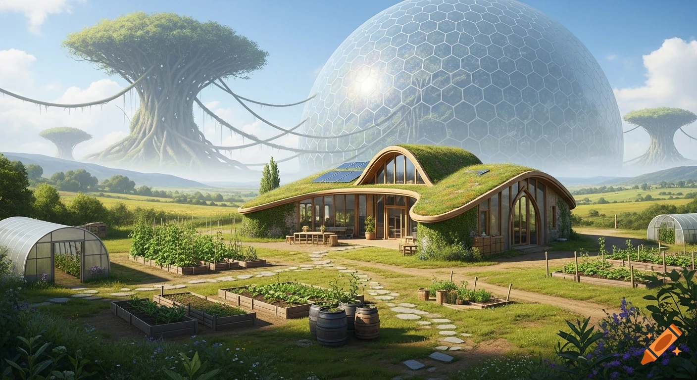 A solarpunk homestead featuring a green-roofed house with solar panels, surrounded by vegetable gardens, under a clear sky with a large hexagonal geodesic dome and giant tree-like structures in the distance.