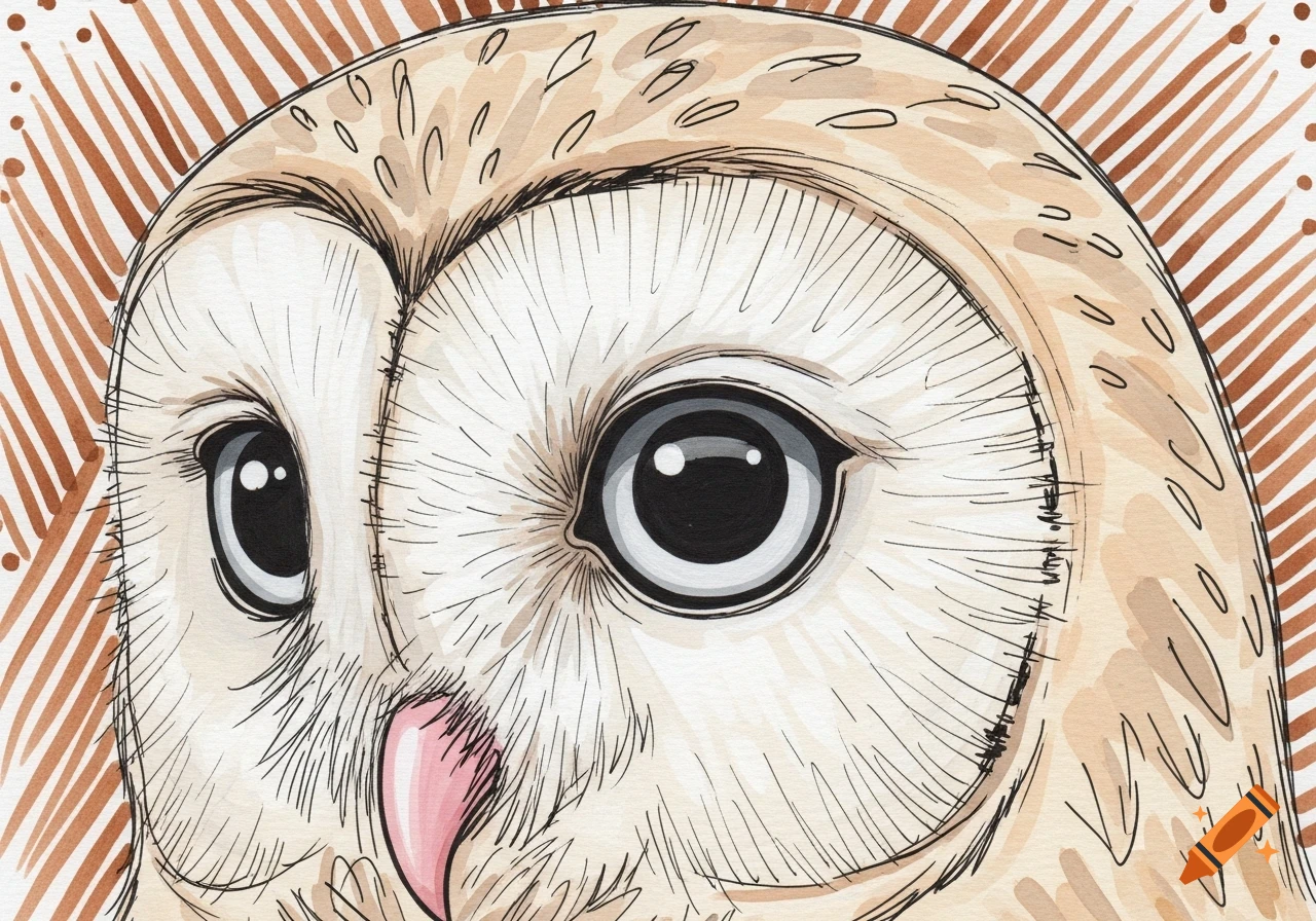 A close-up, stylized illustration of an owl's face with large dark eyes, a pink beak, and decorative brown background elements in a hand-painted style.