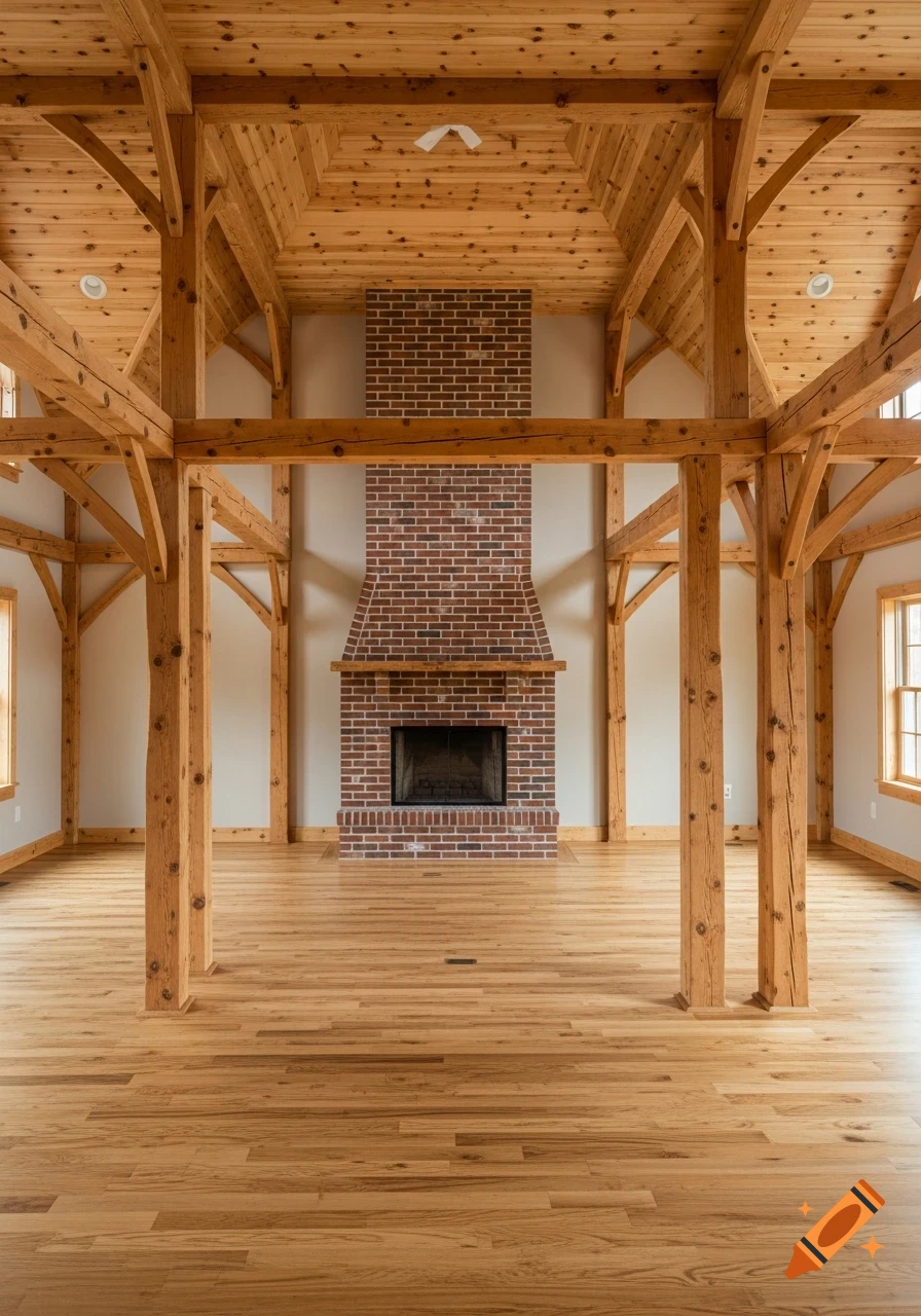 An empty post and beam room with a red brick fireplace, light wooden floors, exposed wooden beams, and a vaulted pine ceiling.