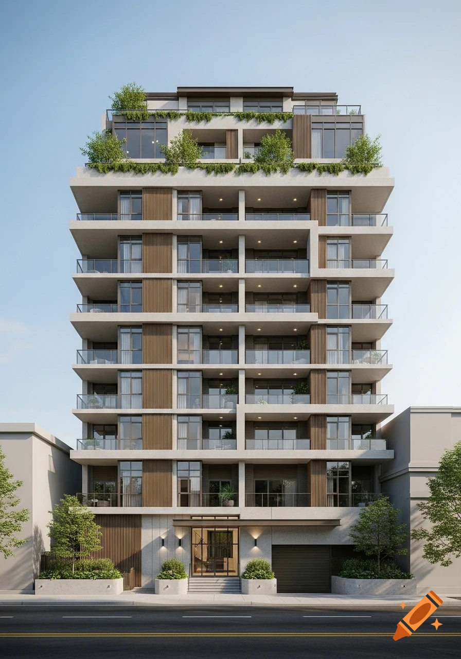 A modern, multi-story apartment building with balconies, large windows, and rooftop greenery, seen from the street.