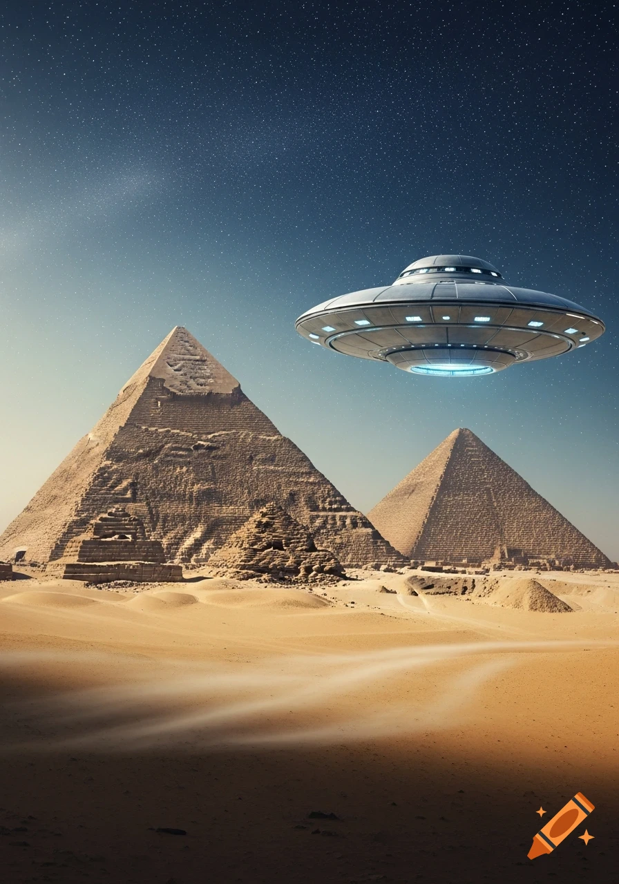 An ultra-realistic image of a metallic UFO hovering over ancient Egyptian pyramids in a vast desert under a starry night sky.