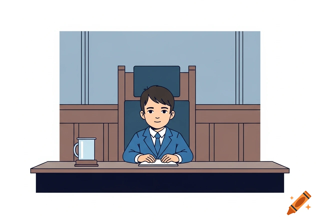Cartoon illustration of a boy in a blue suit and tie sitting at a desk in a courtroom.