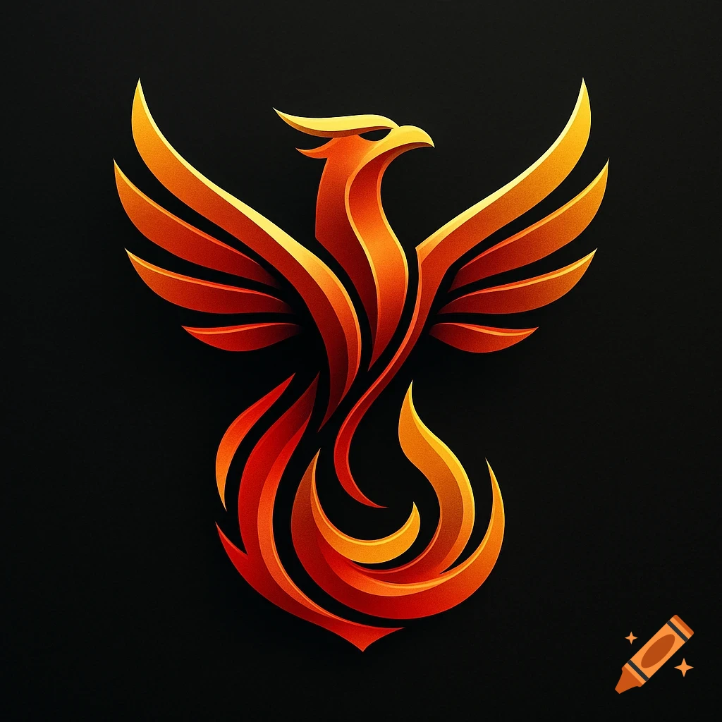 A stylized orange, red, and yellow phoenix logo with geometric lines against a black background.