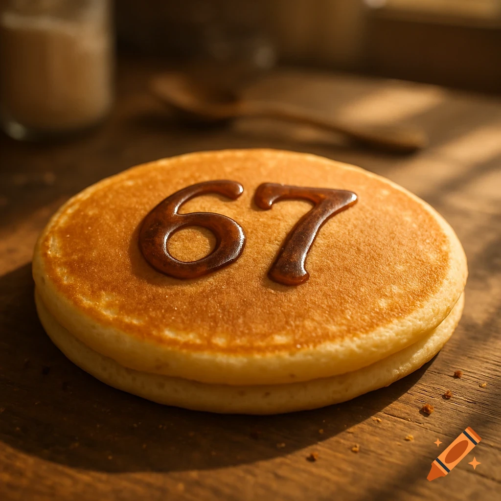 A stack of two golden pancakes topped with syrup forming the numbers '67' on a wooden table, bathed in warm sunlight.