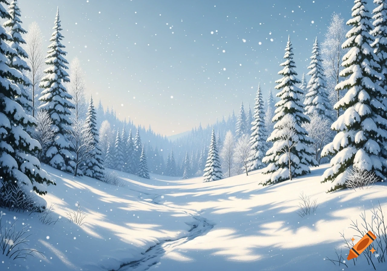 Snowy winter landscape with snow-covered pine trees in a valley, gentle snowfall, and a winding path.