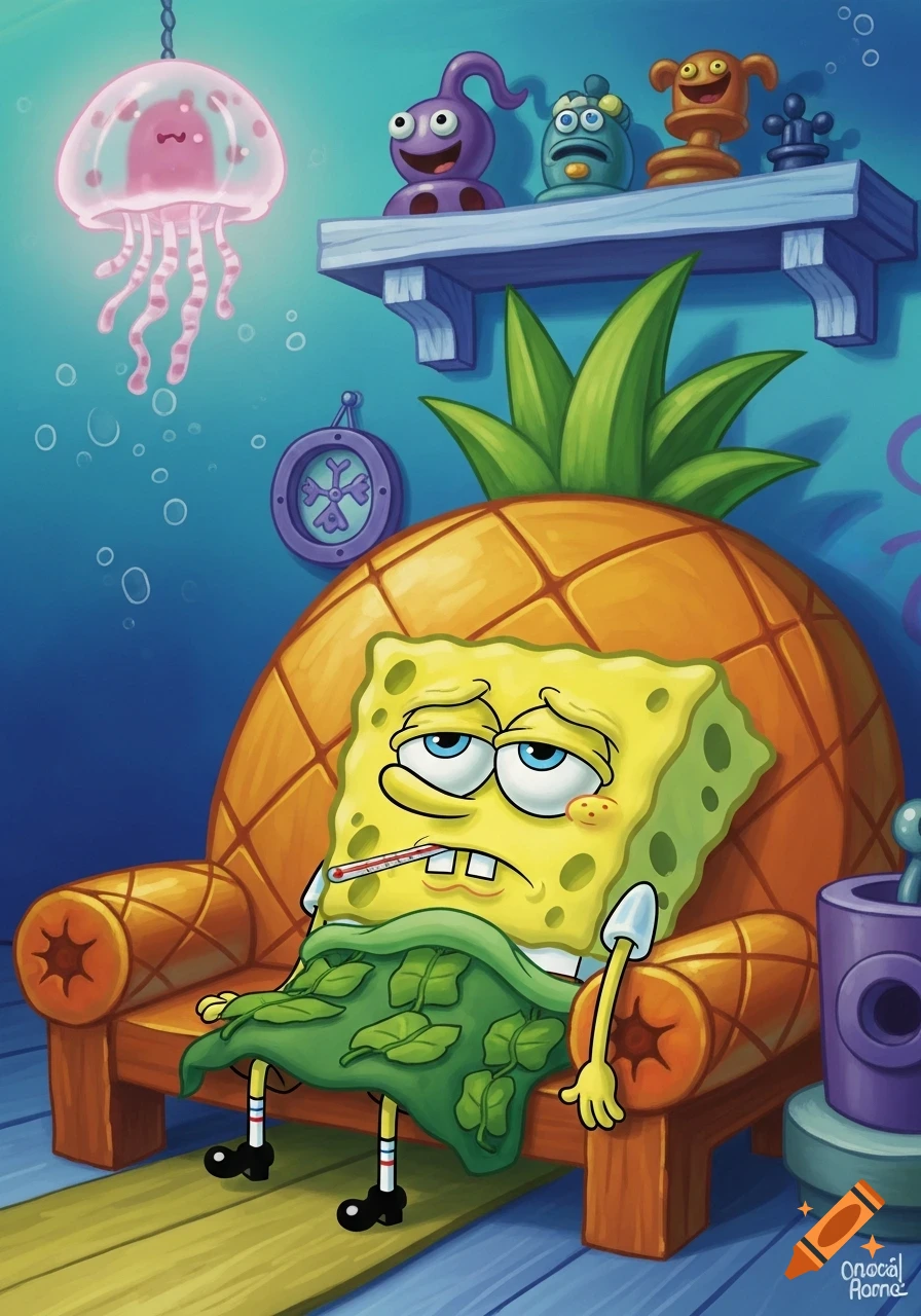 Sick Spongebob Squarepants sits in a pineapple chair, thermometer in mouth and covered by a leafy blanket, in his vibrant house.