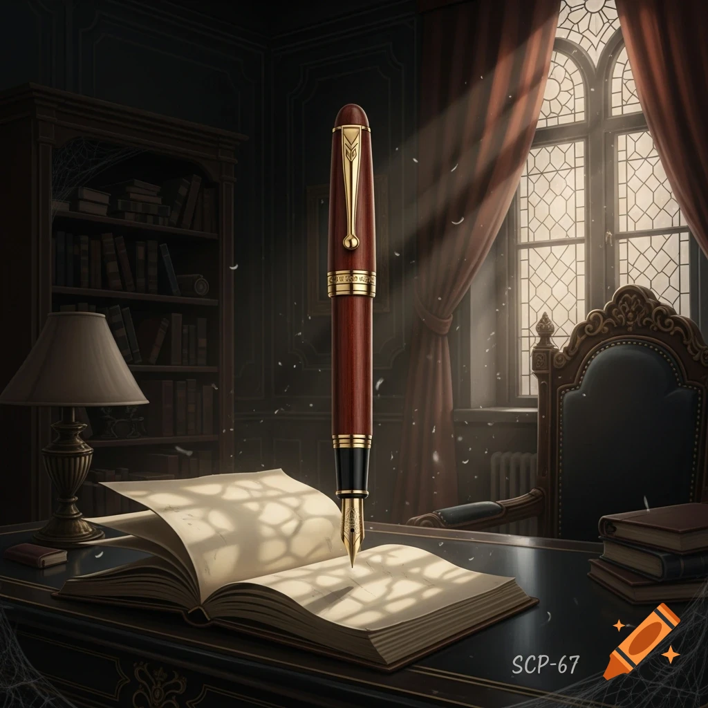 A vintage wooden fountain pen floats above an open book on a desk in a dusty, gothic study.