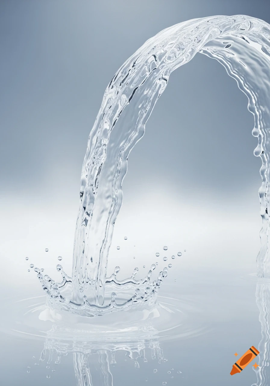 Photorealistic image of clear water pouring in an arch, splashing into a still pool with ripples against a light background.