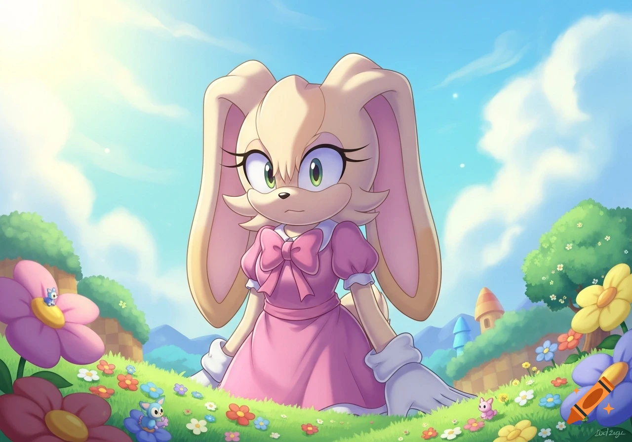 Vanilla the Rabbit from Sonic in a pink dress, standing in a vibrant flower field under a blue sky in an anime style.
