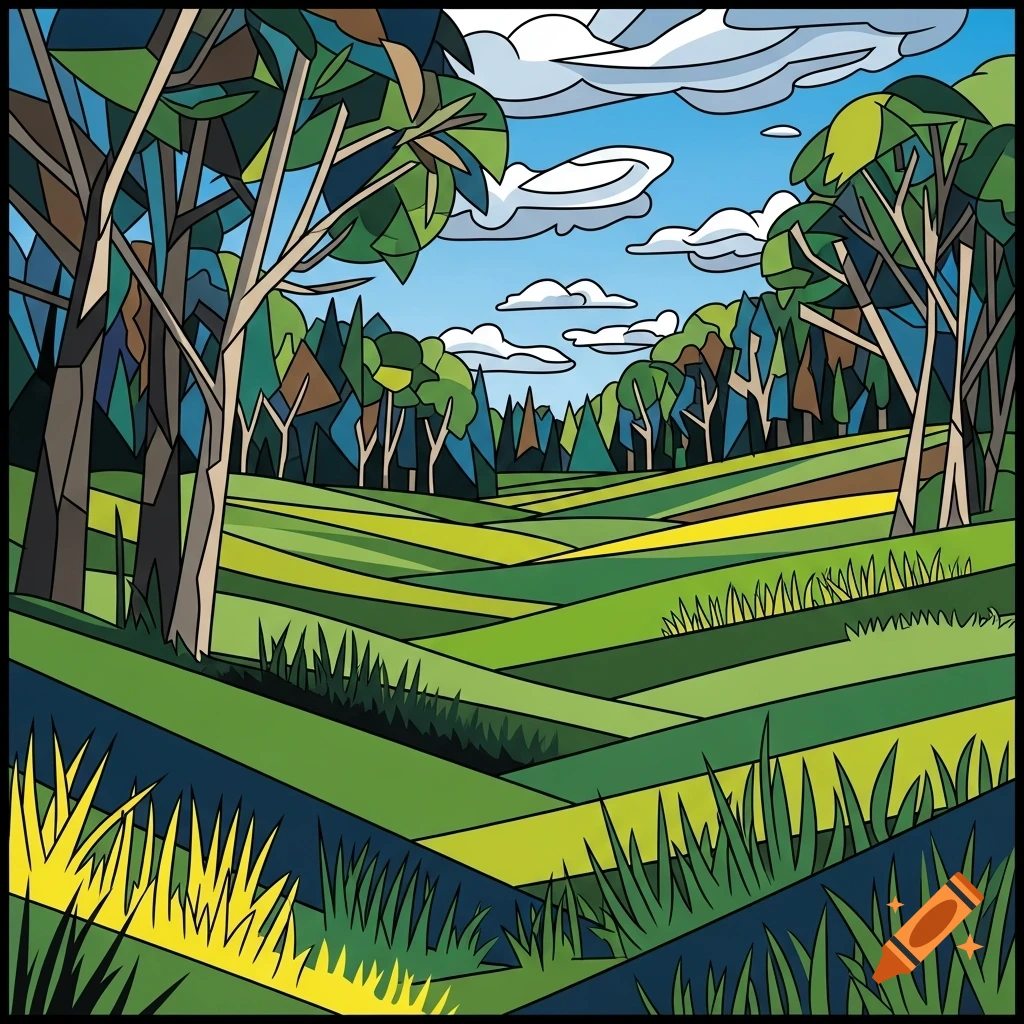 Cubist landscape with geometric trees and rolling green hills under a blue sky.