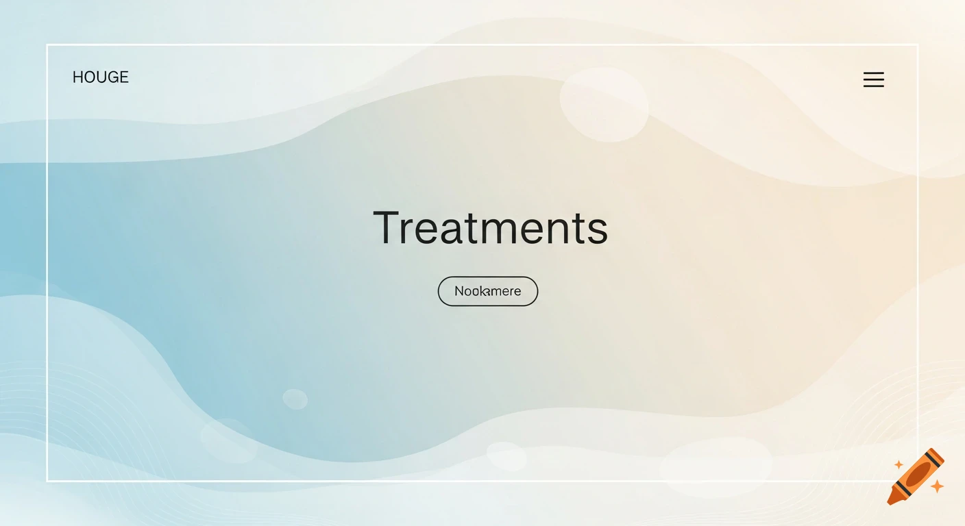 A minimalist website background with blue and beige wavy gradients, featuring 'Treatments' as the main heading, along with 'HOUGE' and 'Nookamere'.