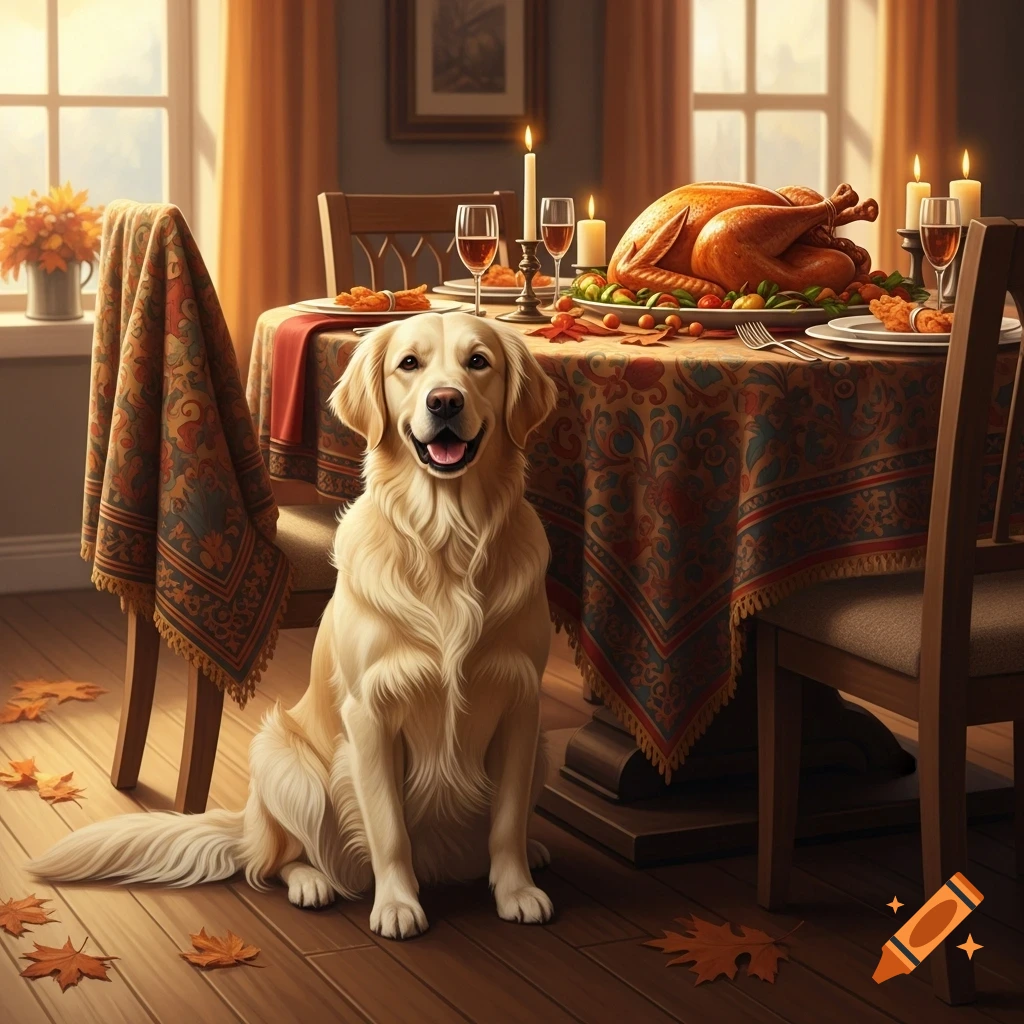 A photorealistic golden retriever sits smiling in front of a festive Thanksgiving dinner table laden with a roasted turkey and candles.