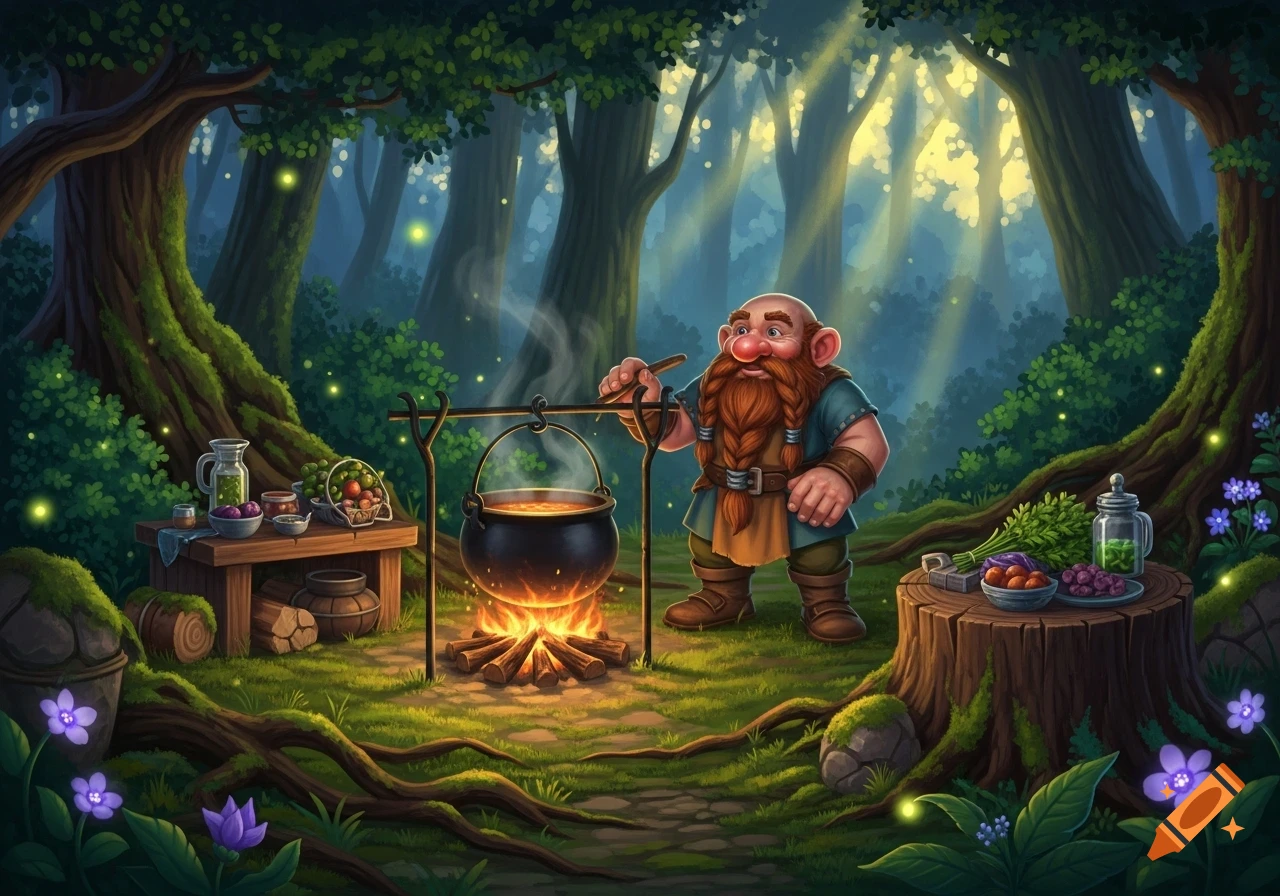 A cartoonish dwarf with a braided beard cooks over a campfire in a vibrant, enchanted forest filled with glowing fireflies and sunlight.