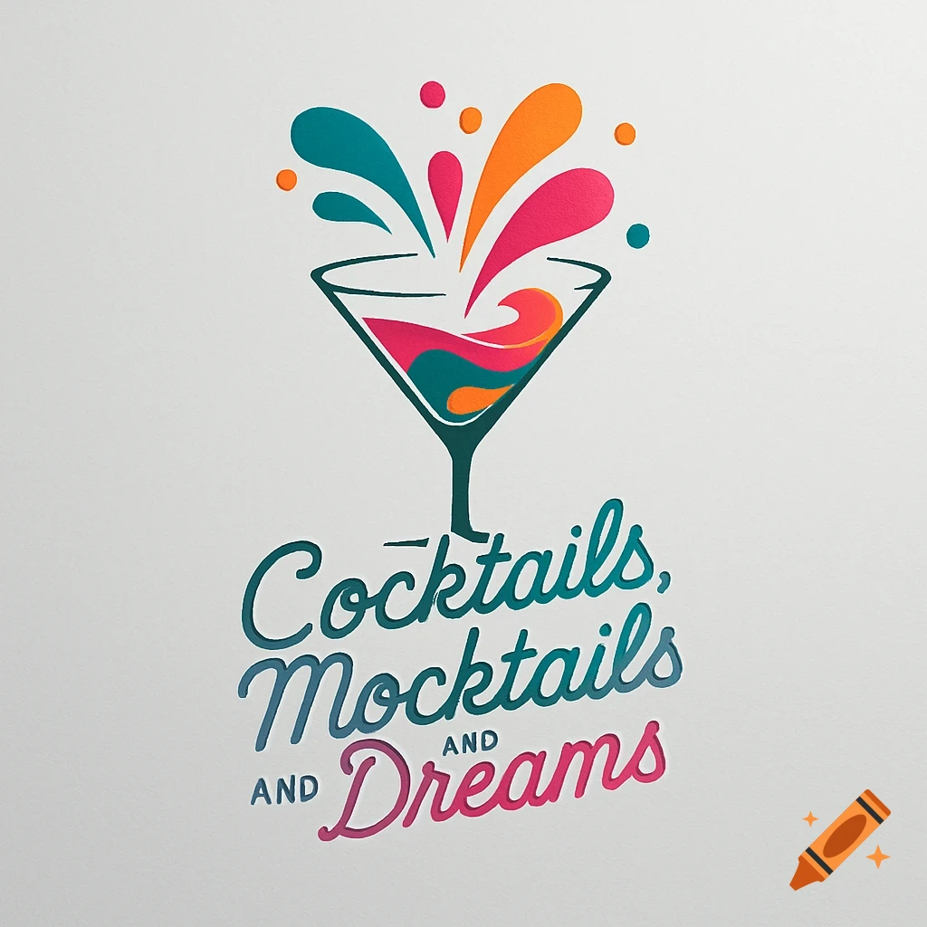 Colorful logo featuring a martini glass with abstract splashes in teal, orange, and pink, above the text "Cocktails, Mocktails AND Dreams" in a whimsical script font.