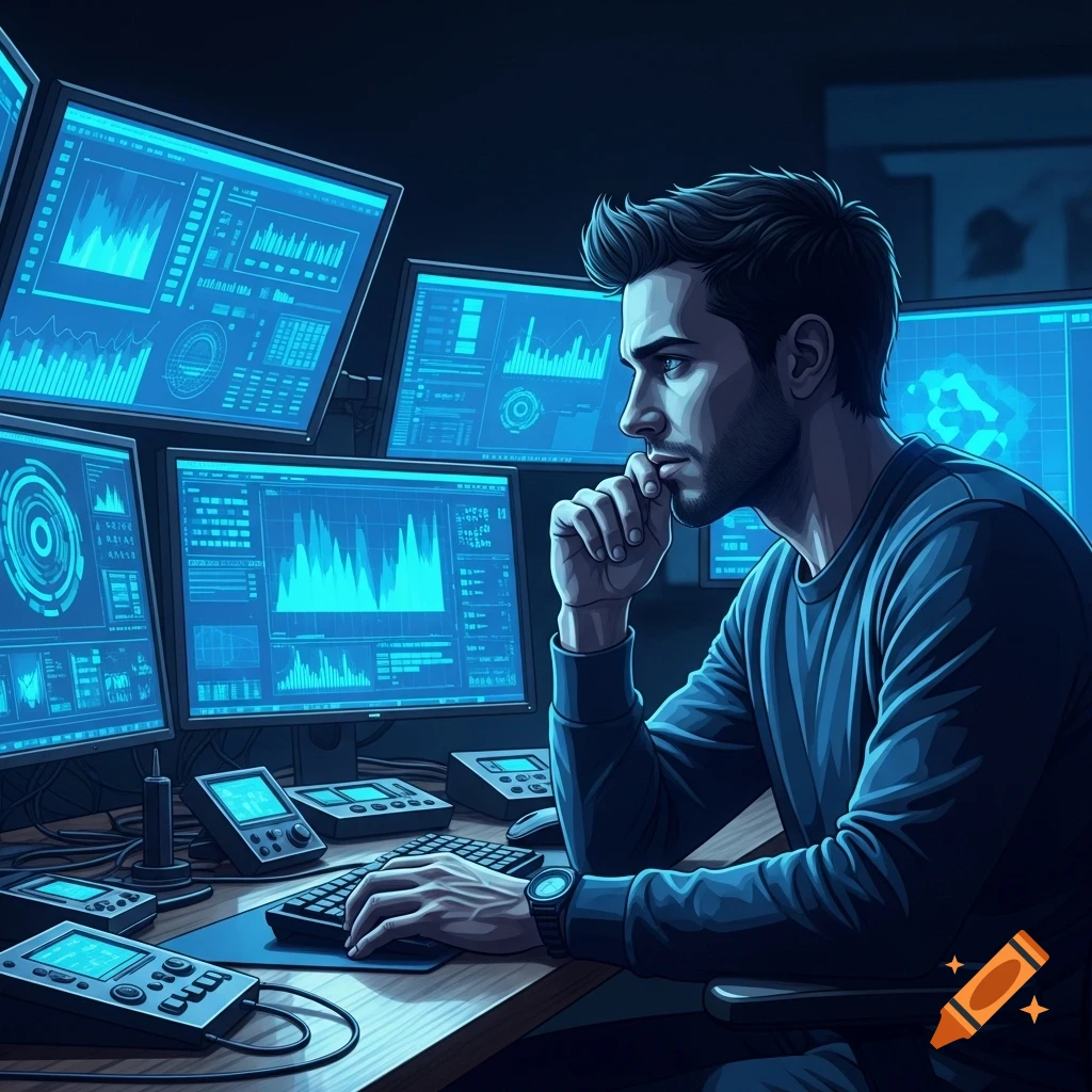 A man with a beard sits at a desk in a dark room, surrounded by multiple glowing blue computer monitors displaying data, typing on a keyboard and looking pensive.