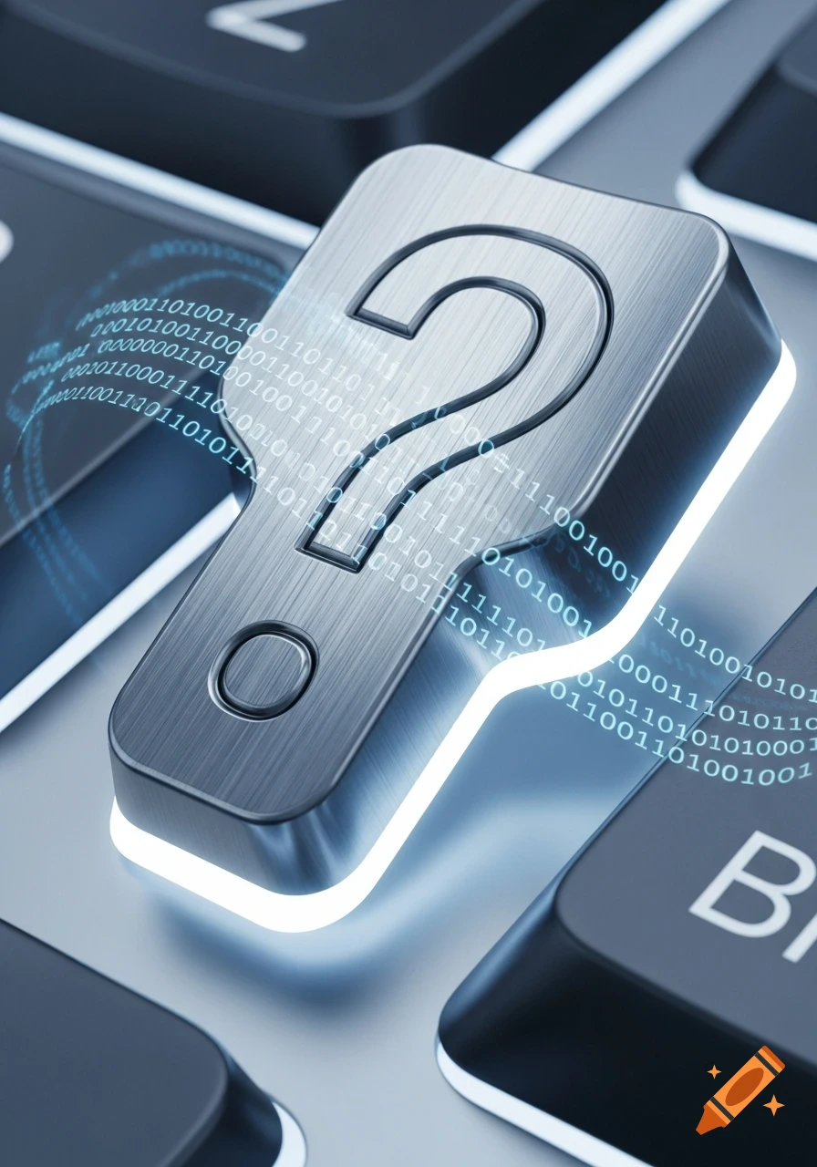 A close-up of a metallic question mark key on a keyboard, with glowing binary code flowing around it.