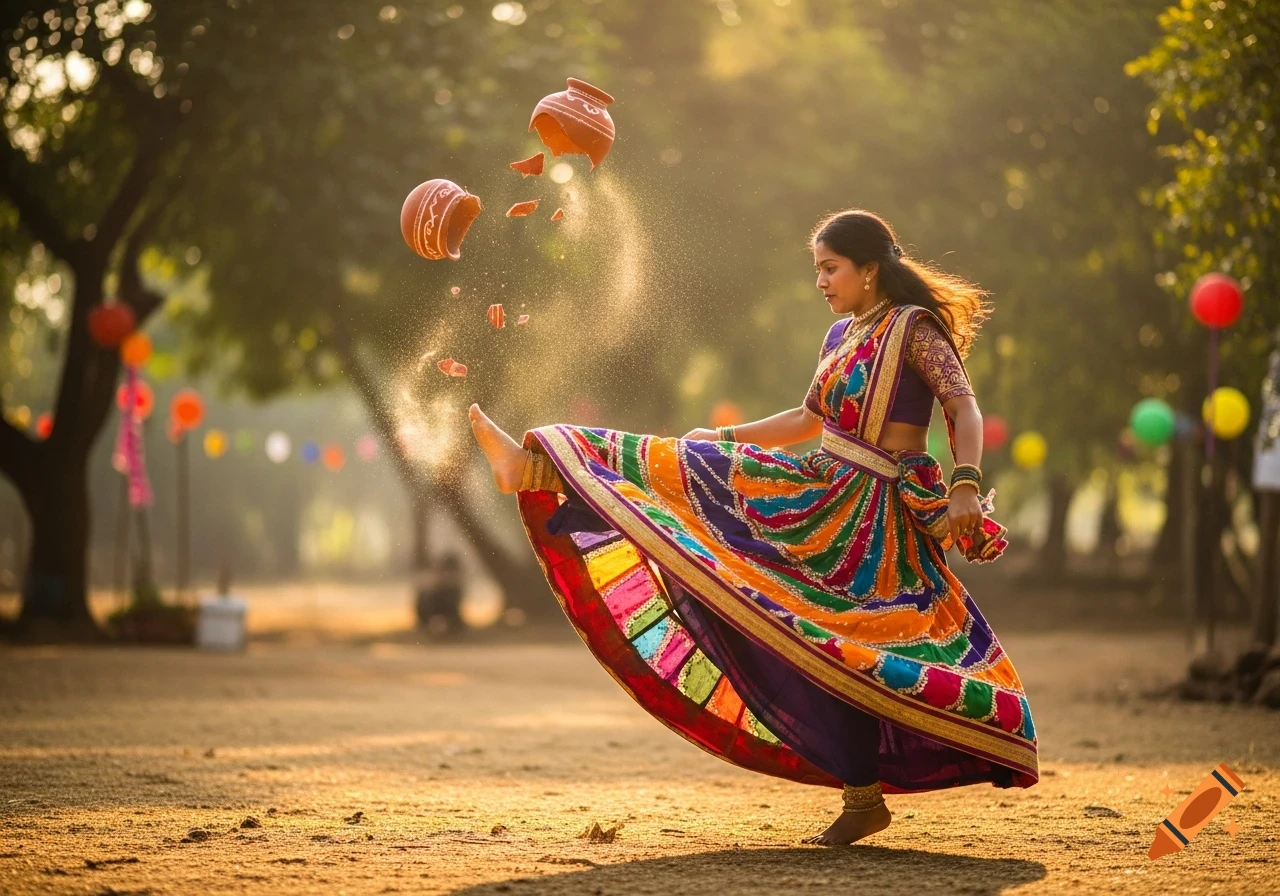 An Indian woman in a vibrant, colorful dress kicks a clay pot, shattering it into pieces, surrounded by dust and festive decorations outdoors.