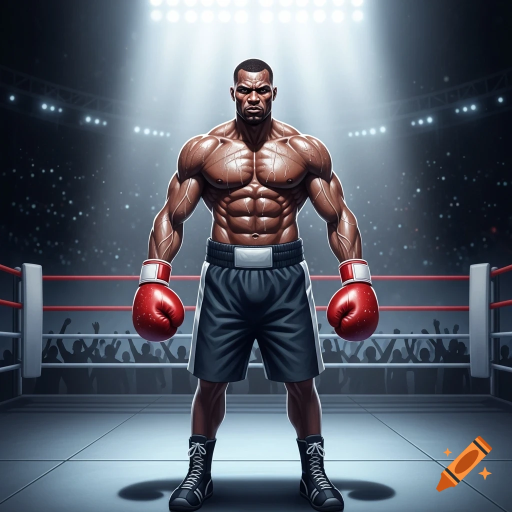 A muscular male boxer in red gloves stands powerfully in a spotlighted boxing ring, with a crowd in the blurred background.