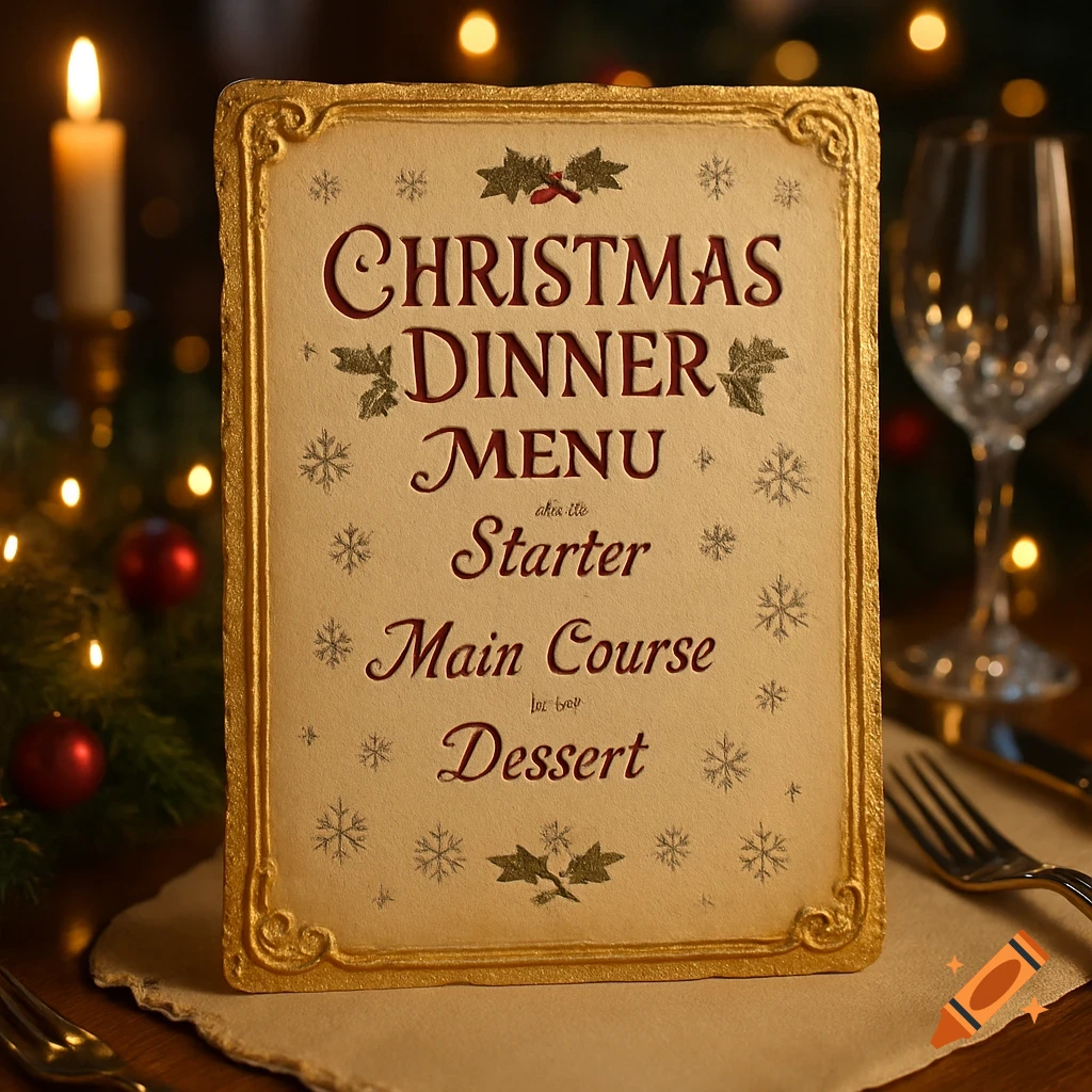 A vintage-style Christmas dinner menu with gold trim, decorated with holly and snowflakes, sits on a table amid festive lights, a candle, and glassware.