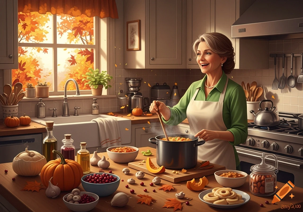 A smiling woman in a green shirt and apron stirs a pot on a stove in a cozy kitchen decorated for autumn, with pumpkins and fall leaves on the counter and outside the window. Photorealistic style.