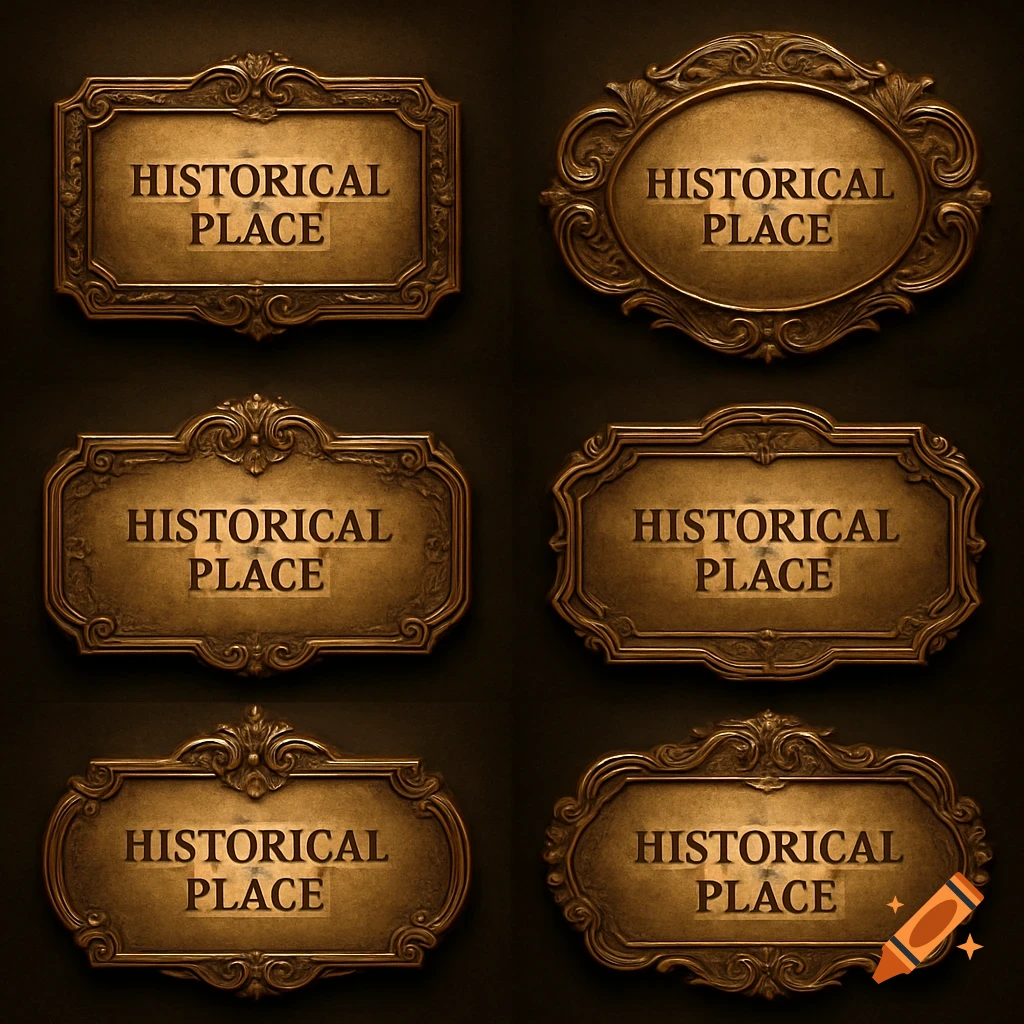 Six elegant antique brass label plates with ornate frames, each inscribed 'HISTORICAL PLACE' on a dark background.