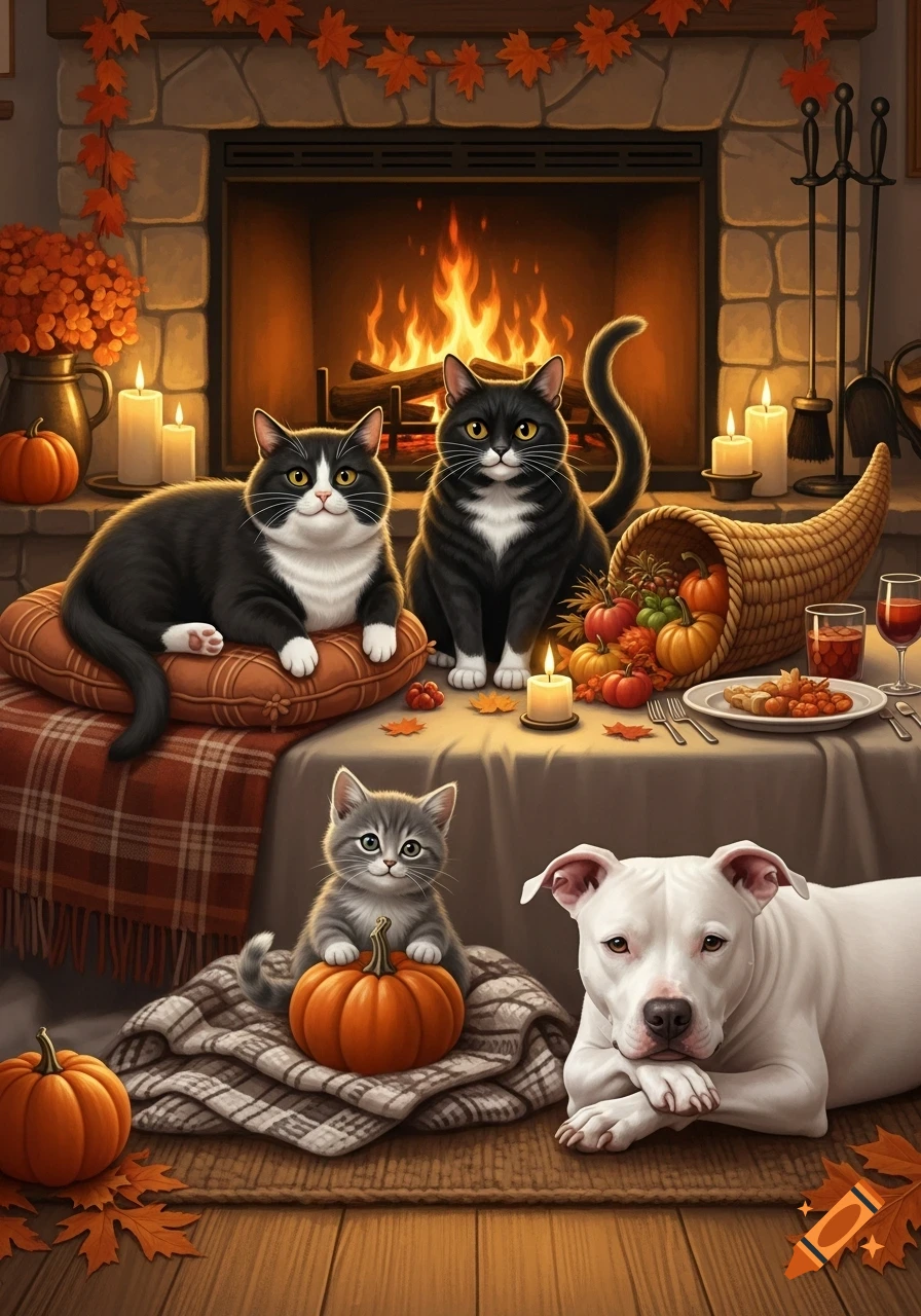 Two black and white cats, a grey kitten with a pumpkin, and a white pit bull gather by a fireplace adorned with autumn leaves and pumpkins, celebrating Thanksgiving.