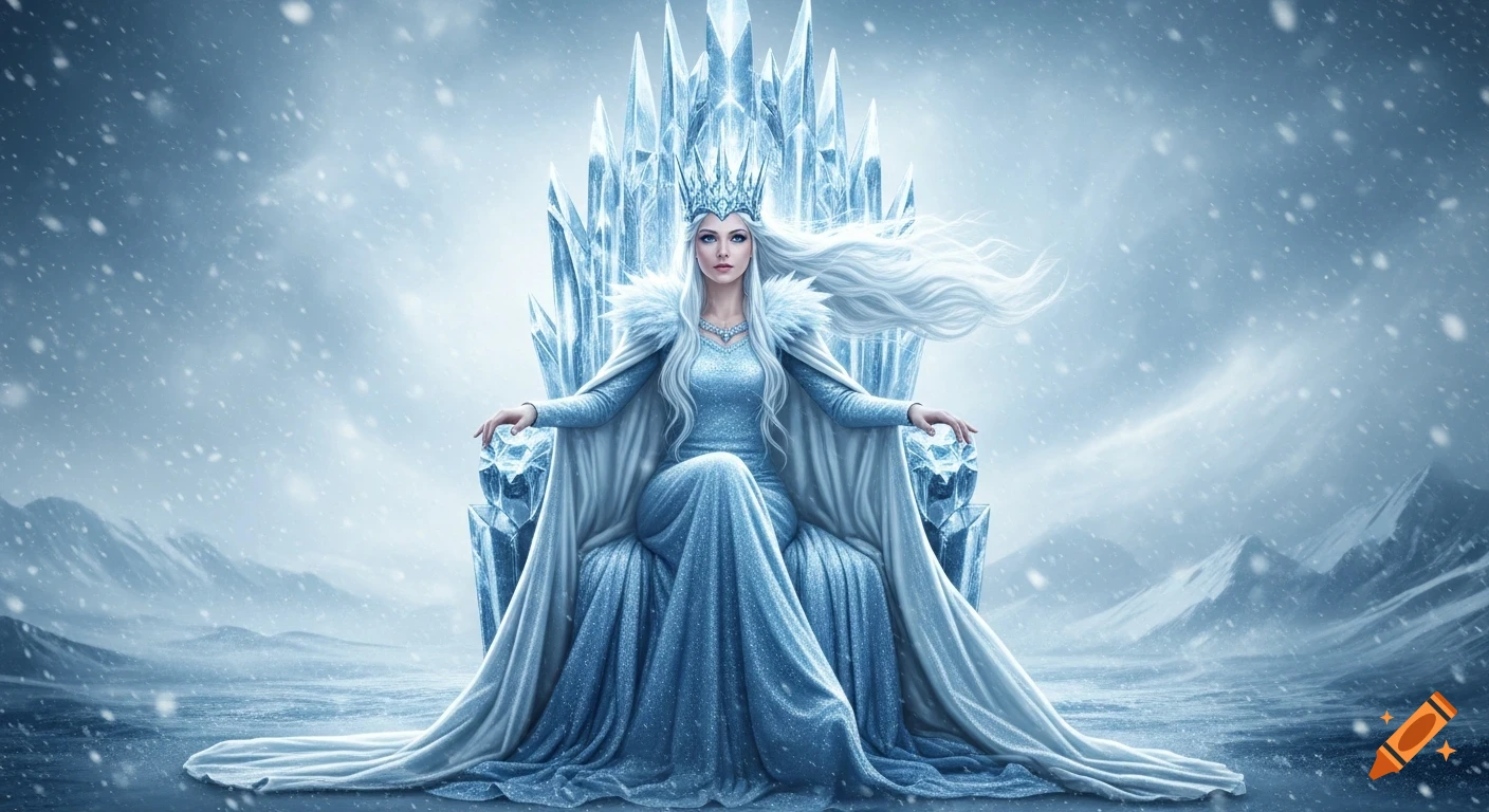 A photorealistic ice queen with long white hair and an ice crown sits majestically on a glittering crystal throne in a swirling snowstorm.
