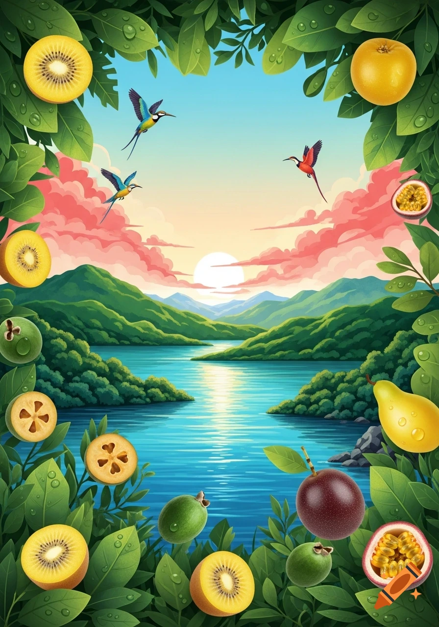 Vibrant illustration of a tropical landscape with a lake, sunset, fruits, leaves, and colorful birds.