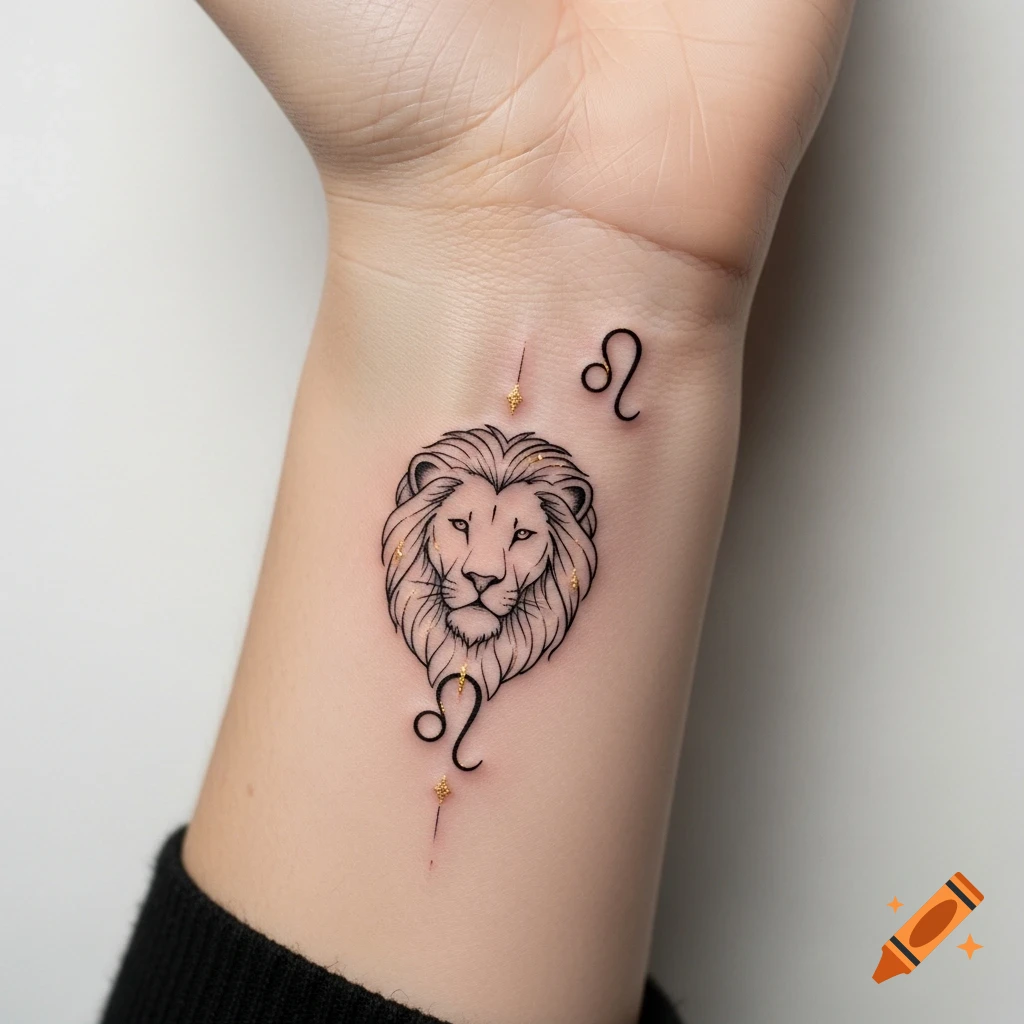 Minimalist lion head and Leo zodiac symbol tattoo with golden accents on a wrist.