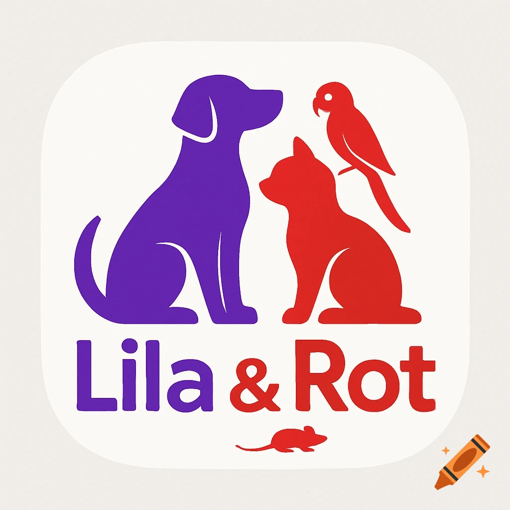 A logo featuring purple dog and red cat silhouettes, with a red parrot and mouse, and the text "Lila & Rot" in purple and red.