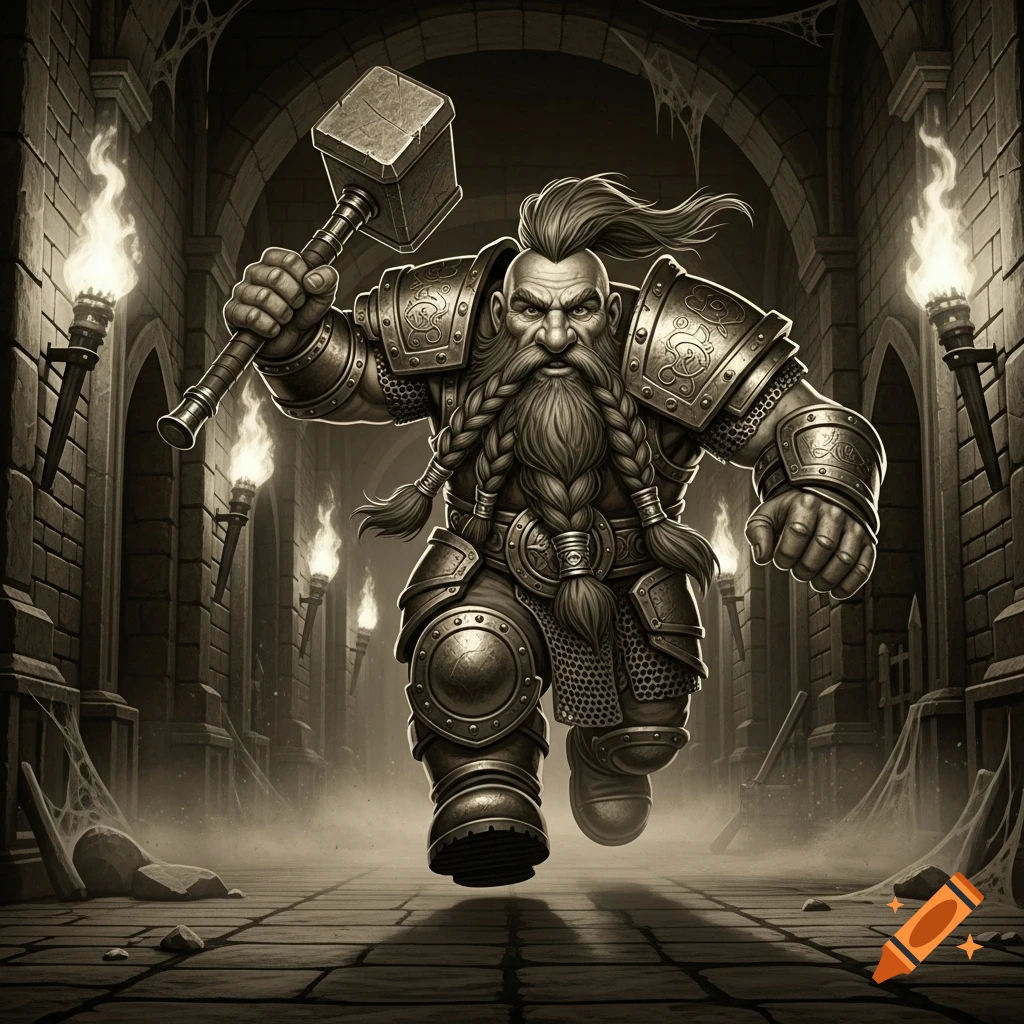 A sepia-toned dwarf warrior in armor, holding a hammer, runs forward in a dungeon corridor.
