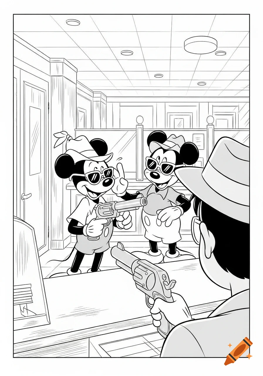 Black and white cartoon of two Mickey Mouse-like characters wearing hats and sunglasses, holding revolvers during a bank robbery, viewed from behind the counter where another hand holds a gun.
